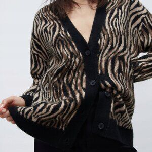 ZARA Safari Stripe Zebra Inspired Black Brown Tan Thick Cardigan (Size S)